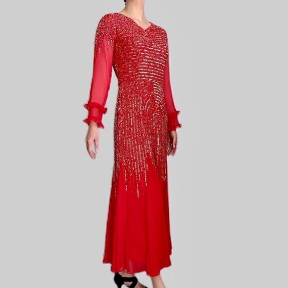 Vintage Red long-sleeve  beaded and sequined chiffon evening dress - Picture 9 of 14